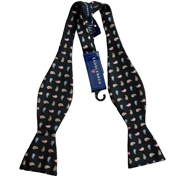 NWT Saddlebred Handmade Black Multicolored Paisley Adjustable Bow Tie 75% Silk - Picture 1 of 9